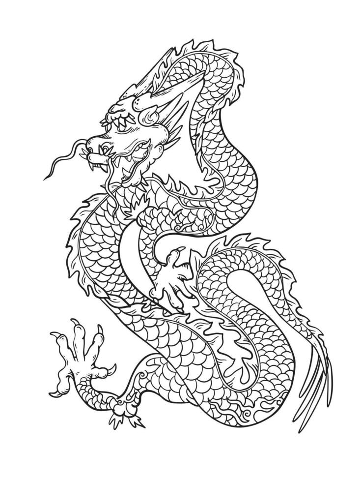 Line art dragon drawing. Outline black and white traditional Chinese dragon. vector