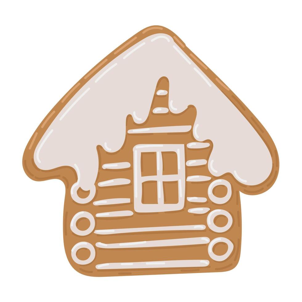 Charming Christmas gingerbread house cookie illustration with white icing details and snowy rooftop, designed in whimsical and festive style vector