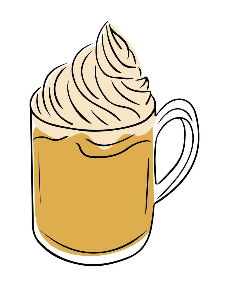 Illustration of pumpkin spice latte in clear mug, topped with swirl of whipped cream, drawn in cozy and modern style vector
