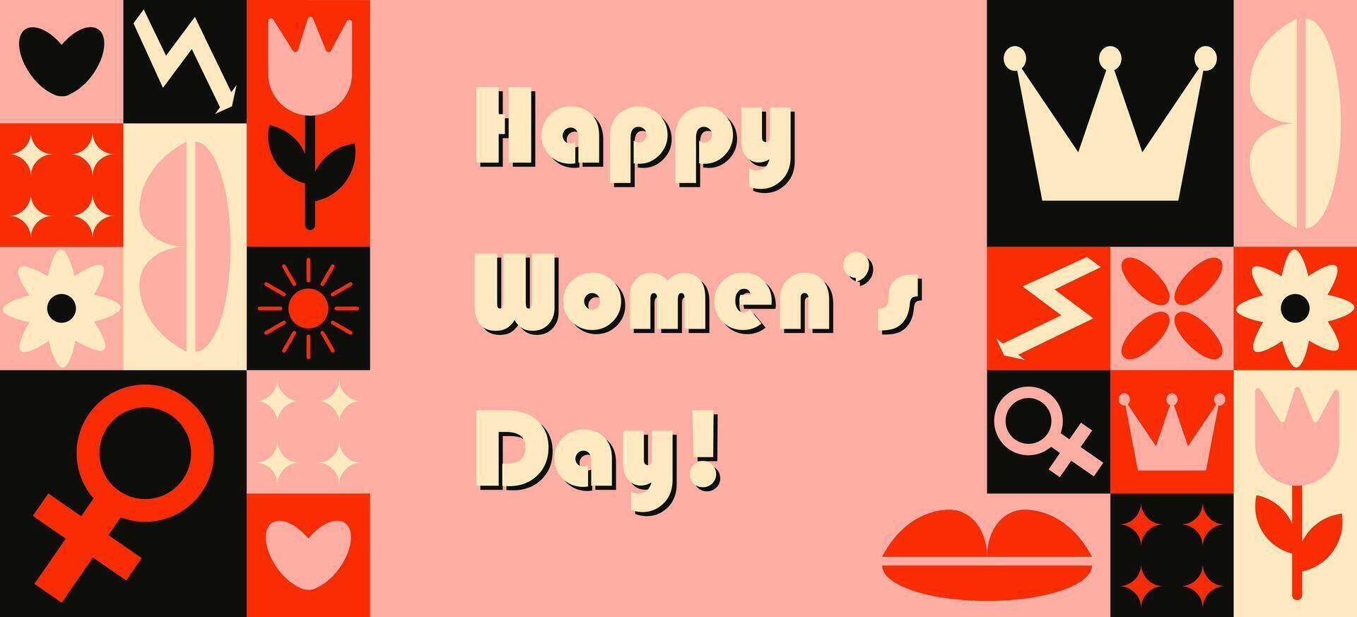 Bold and modern Womens Day greeting card with geometric shapes, floral elements, and empowering symbols in vibrant red, black, and pastel tones vector
