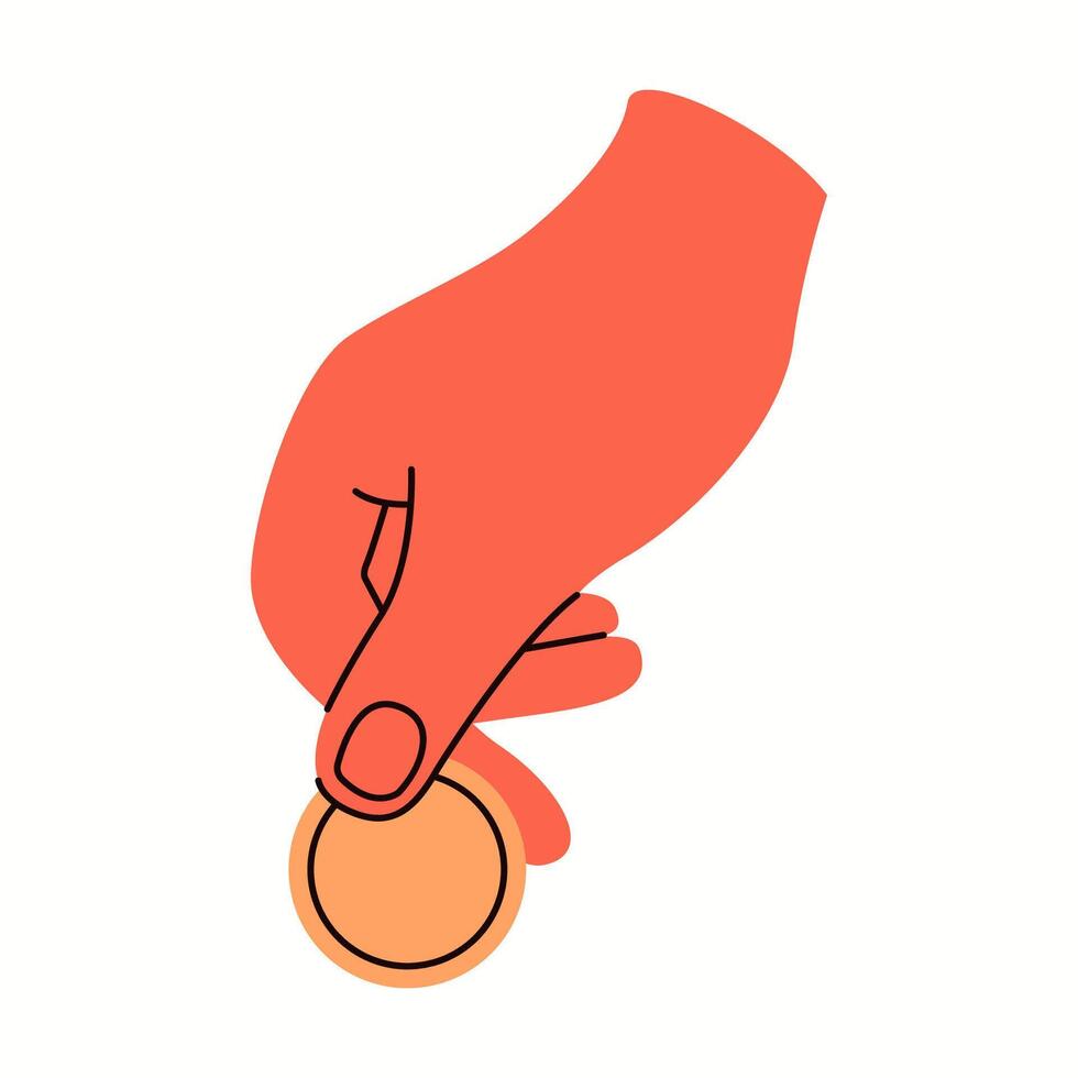 Hand holding golden coin flat color illustration. Person ccloseup cartoon icon on white background vector