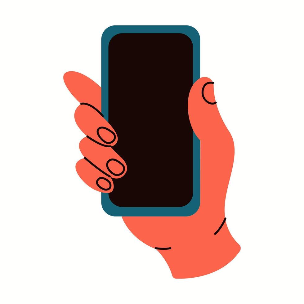 Hand holding smartphone with blank screen flat color illustration. User showing mockup device closeup cartoon icon on white background vector