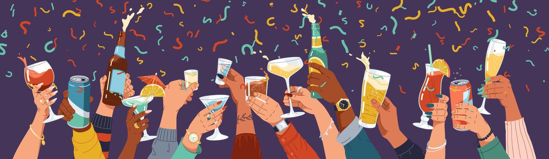 Multiethnic people hands raising drinks in confetti rain flat color illustration. Festive occasion celebration cartoon composition on purple vector