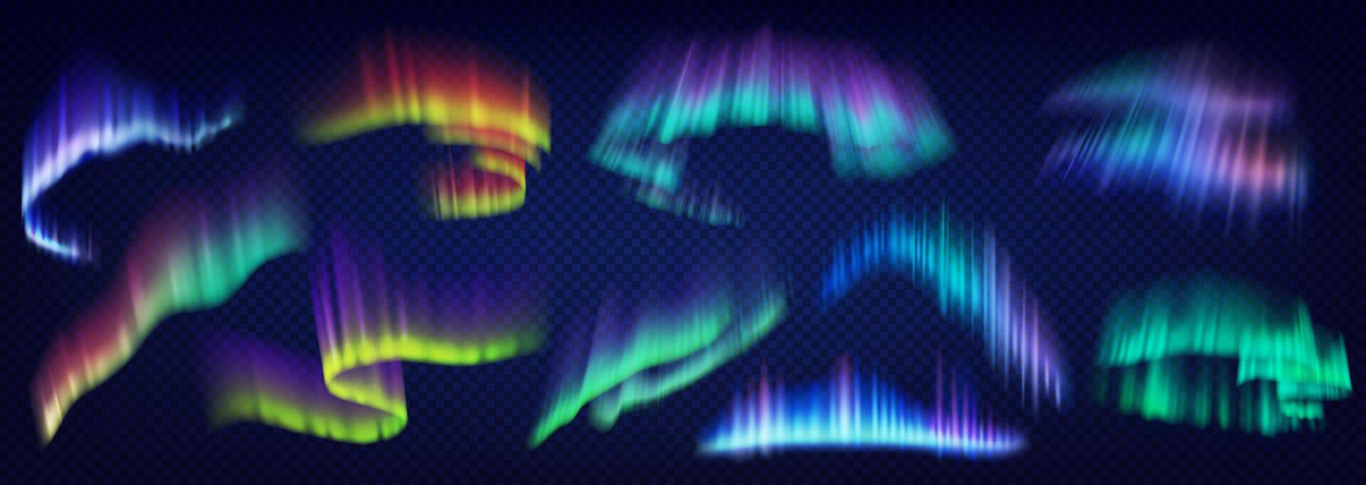 Aurora borealis slowing lights realistic color icons set. Shiny natural phenomenon of night sky 3d objects bundle on background vector