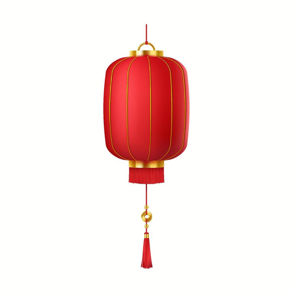 Chinese paper lantern for good luck wish realistic illustration. Red festive Asian lamp to celebrate holiday 3d object on white vector