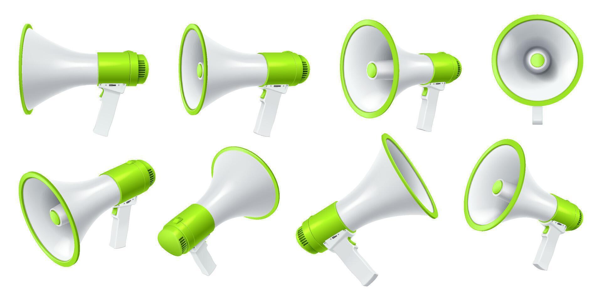 Modern bullhorns with green elements realistic illustration set. Megaphones various perspectives 3d models on white background vector