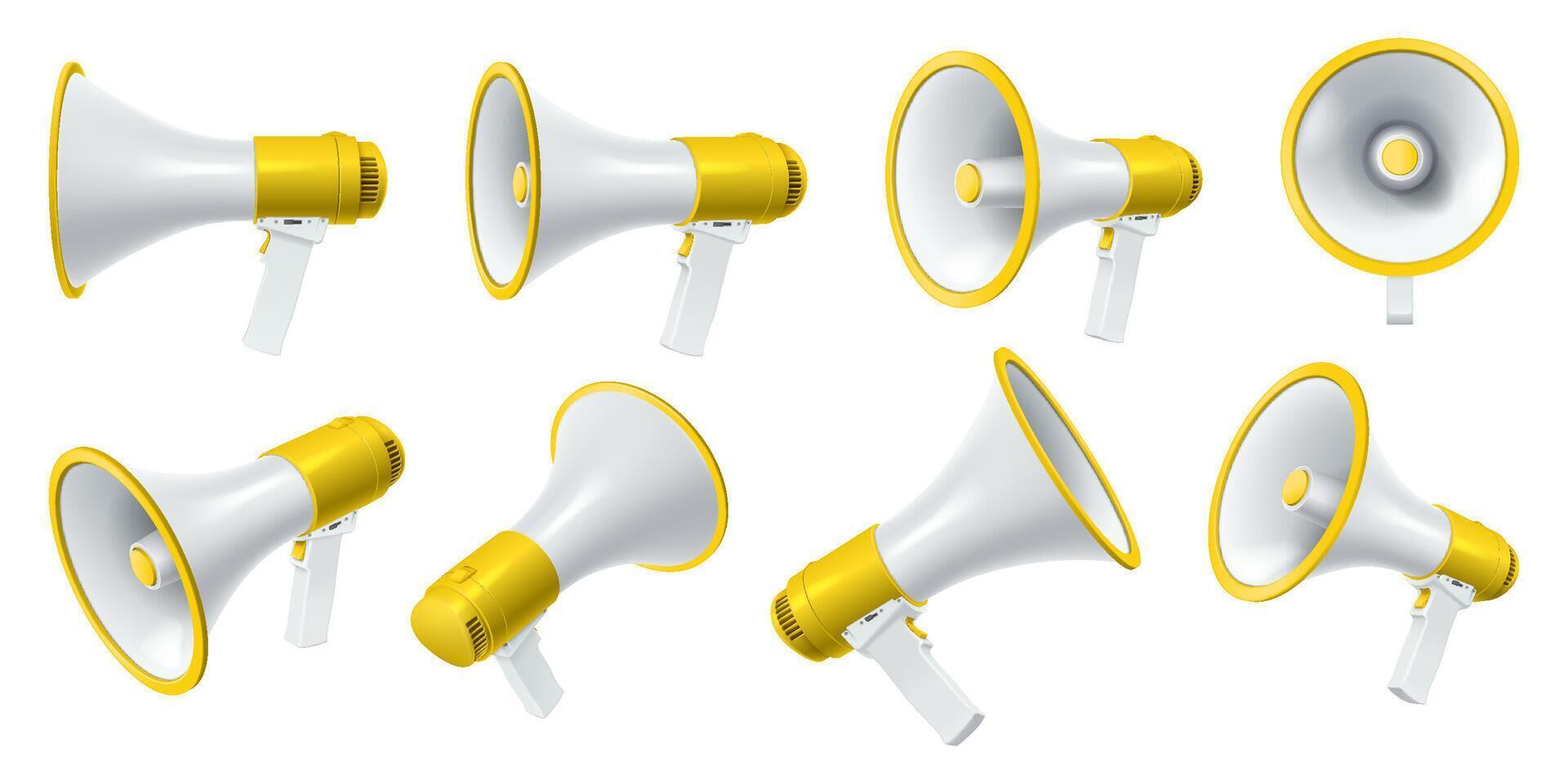 Loudspeakers with yellow decor realistic illustration set. Megaphones announcing commercial event 3d models on white background vector