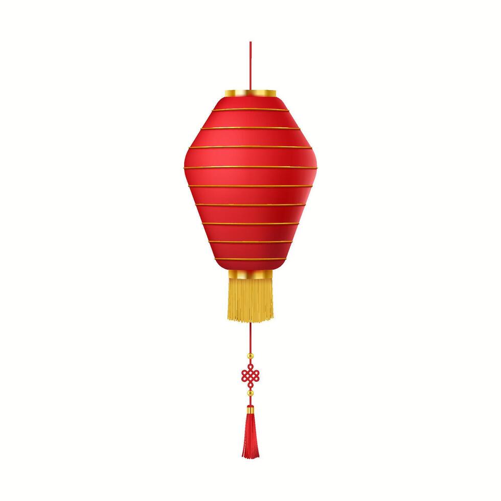Vintage festive Asian lantern hanging realistic illustration. Chinese New Year atmosphere radiating red paper lamp 3d object on white vector
