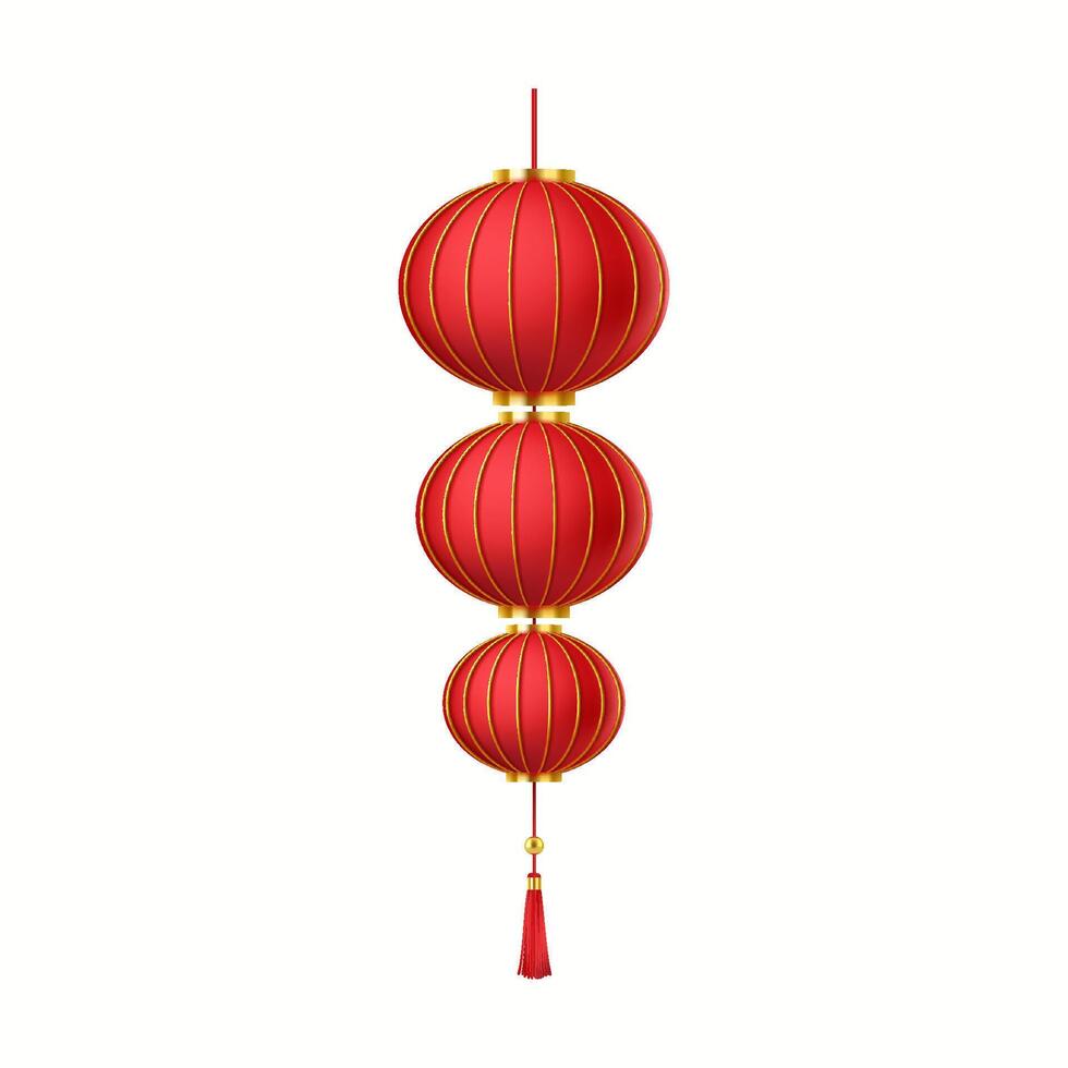 Triple Chinese lantern of paper realistic illustration. Lunar New Year celebration traditional accessory 3d object on white background vector