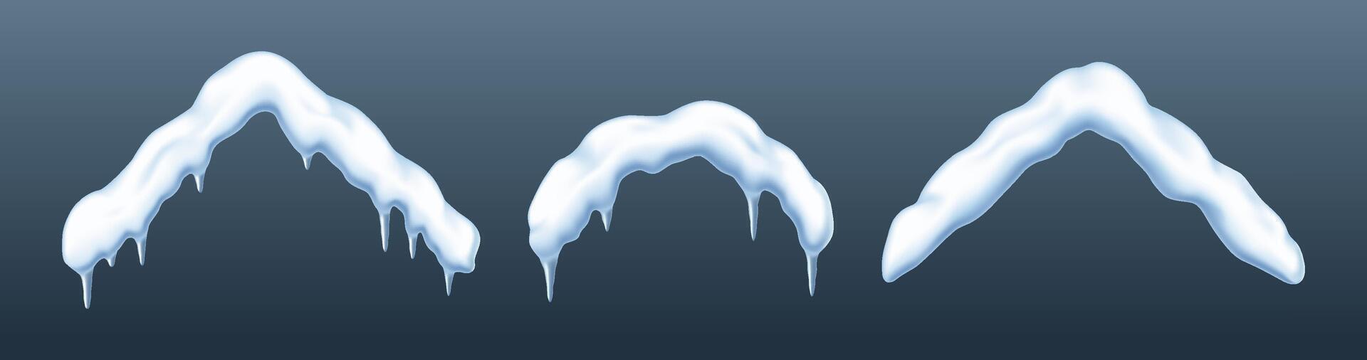 Snow caps of houses roofs realistic color icons set. Snowdrifts with icicles for Christmas 3d objects collection on grey background vector