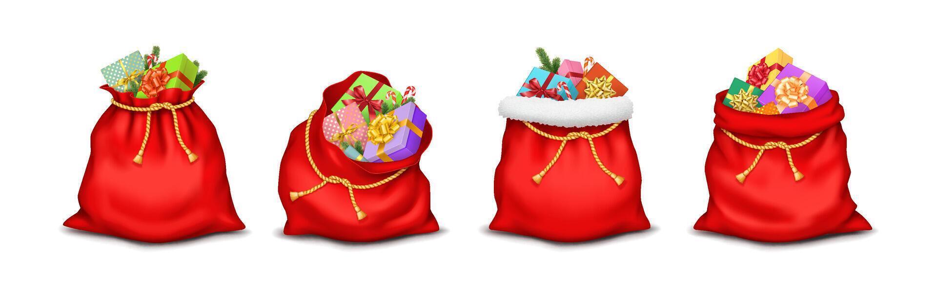 Red Santa Claus bags with colorful Christmas presents realistic color icons set. Festive gifts packed in sacks 3d objects bundle on white vector