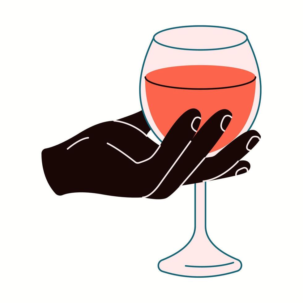 Hand holding wineglass of wine flat color illustration. Person relaxing with alcohol drink closeup cartoon icon on white background vector