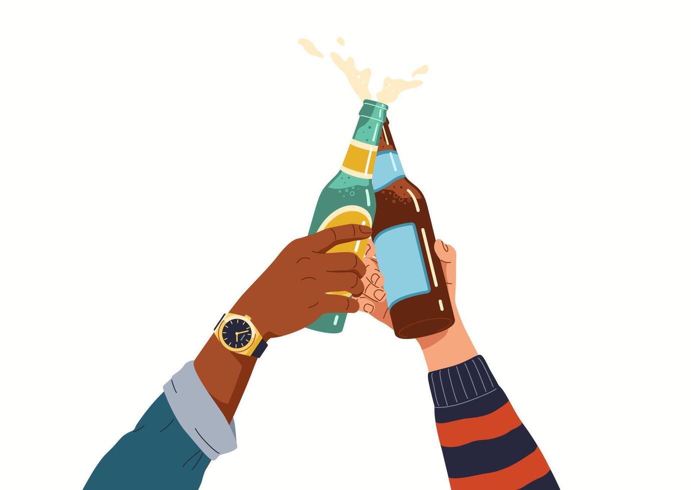 Friends hands cheering beer bottles flat color illustration. Multiracial people enjoying drinks closeup cartoon icon on white vector