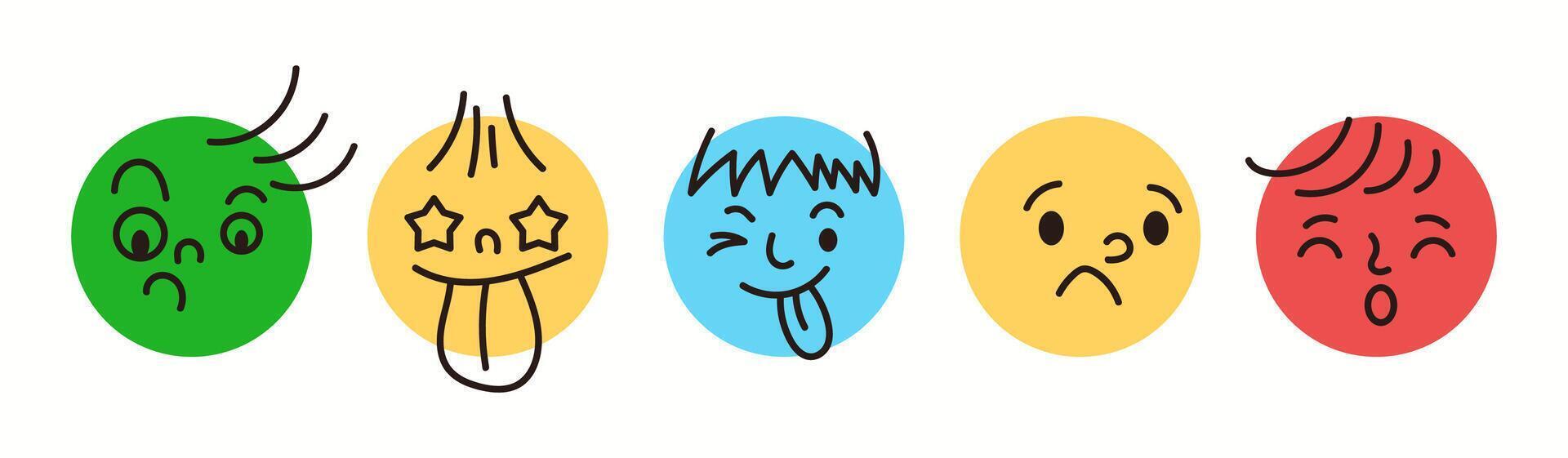 Cute emojis expressions doodle flat color icon set. Visual symbols of feelings for chats illustrations pack on white background vector