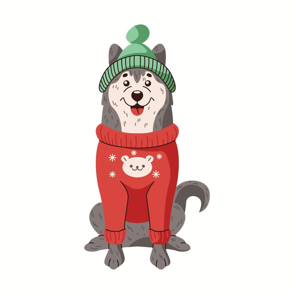 Happy husky wearing hat and sweater flat color character. Fluffy pet friend in warm winter clothing sitting illustration on white background vector