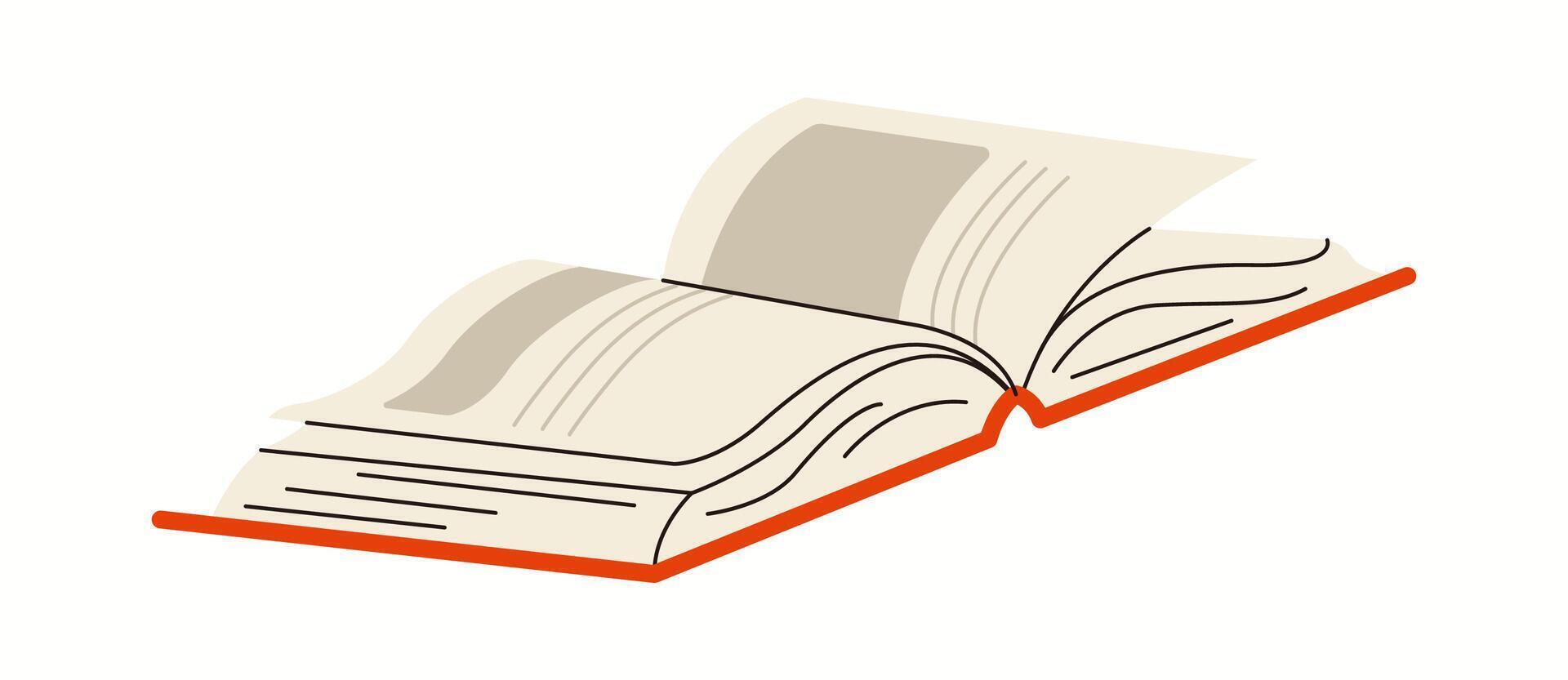 Open book with empty pictures and text flat color object. Novel folio on bookstore display illustration on white background vector