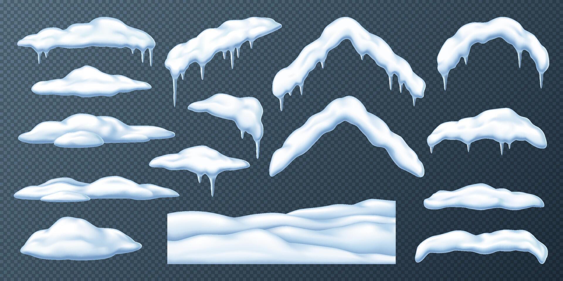 Snow piles caps snowdrifts and icicles realistic color icons set. Winter wonderland decorations 3d objects bundle on background vector