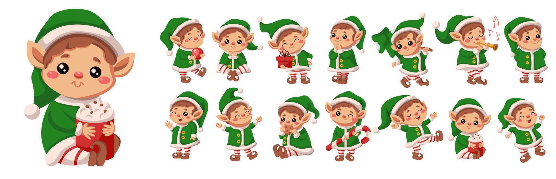 Cute Christmas elves different expression flat color icon set. Winter holiday celebrating characters pack on white background vector