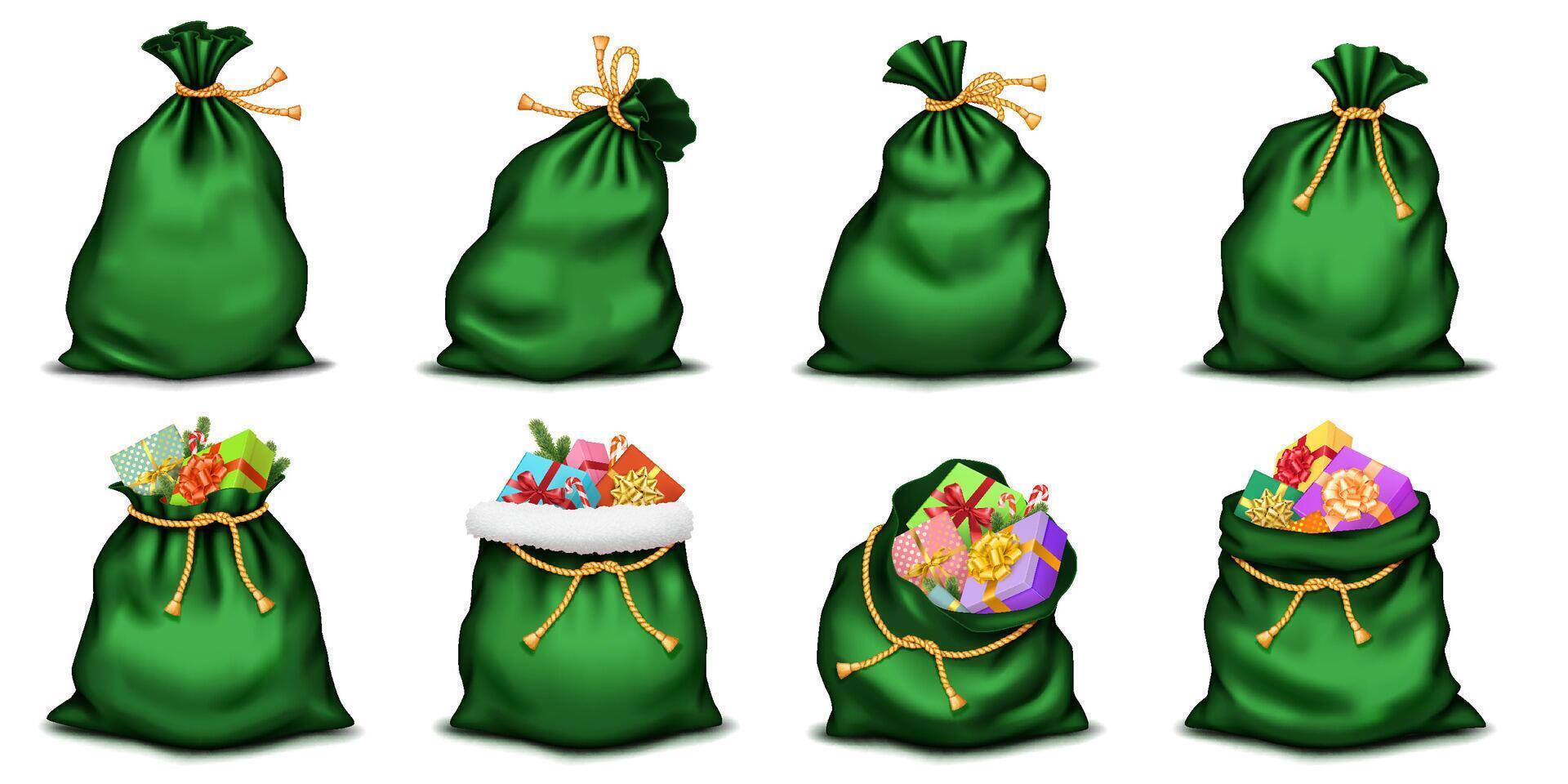 Green Christmas bags with golden ropes realistic color icons set. Santa Claus sacks with gifts 3d objects bundle on white background vector
