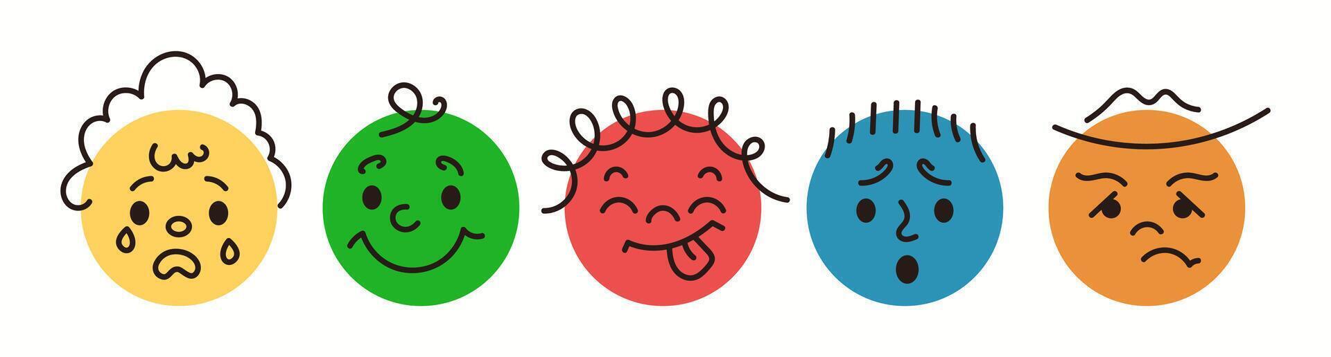 Simple doodle emojis showing feelings flat color icon set. Facial expressions minimalist signs illustrations pack on white background vector
