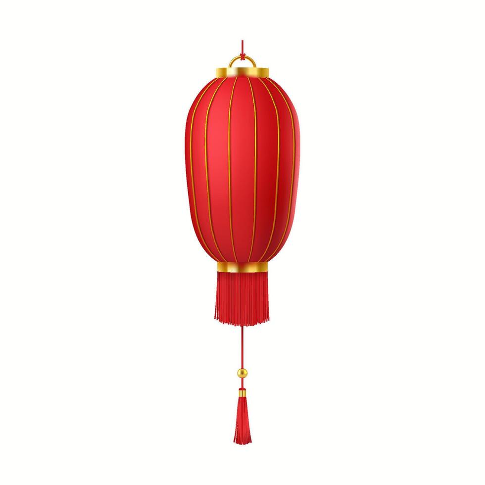 Red festive Asian lantern with tassel decor realistic illustration. Chinese paper lamp spreading holiday atmosphere 3d object on white vector