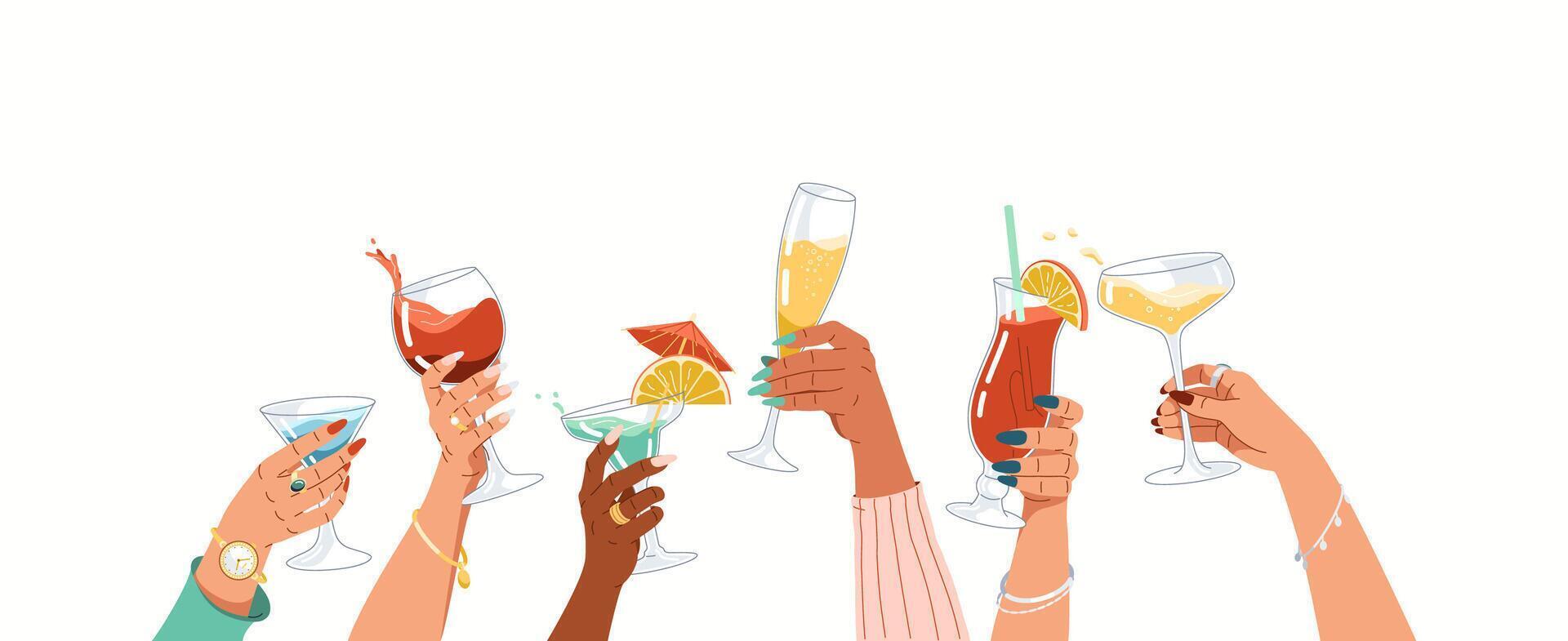 Diverse women hands cheering cocktails flat color illustration. Ladies raising wineglasses to clink at festive party cartoon composition on white vector