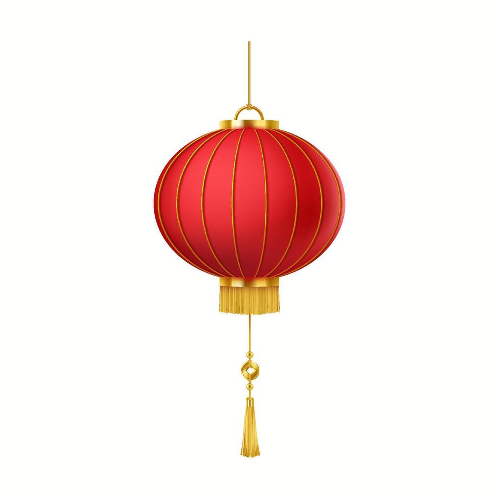 Vintage Chinese lantern with coin and tassels realistic illustration. New Year holiday traditional decorative lamp 3d object on white vector