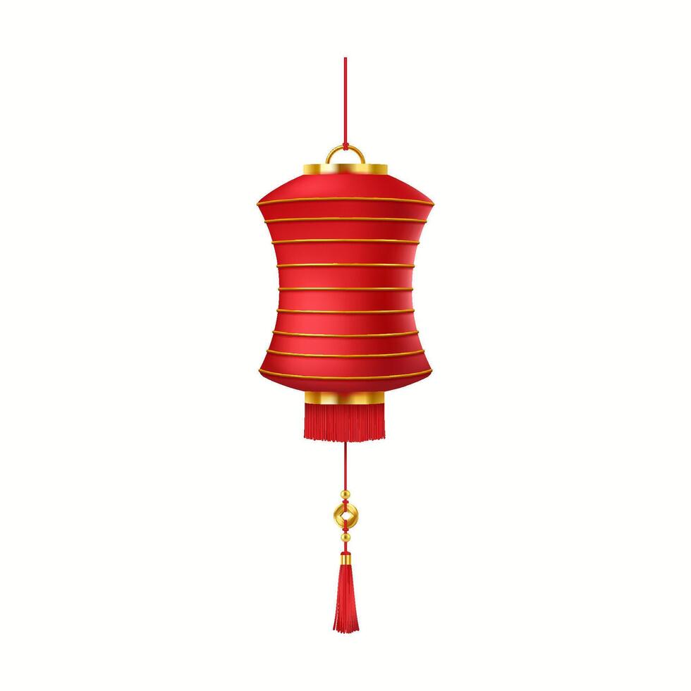 Festive Asian paper lantern with golden ornament realistic illustration. New Year holiday atmosphere with oriental lamp 3d object on white vector