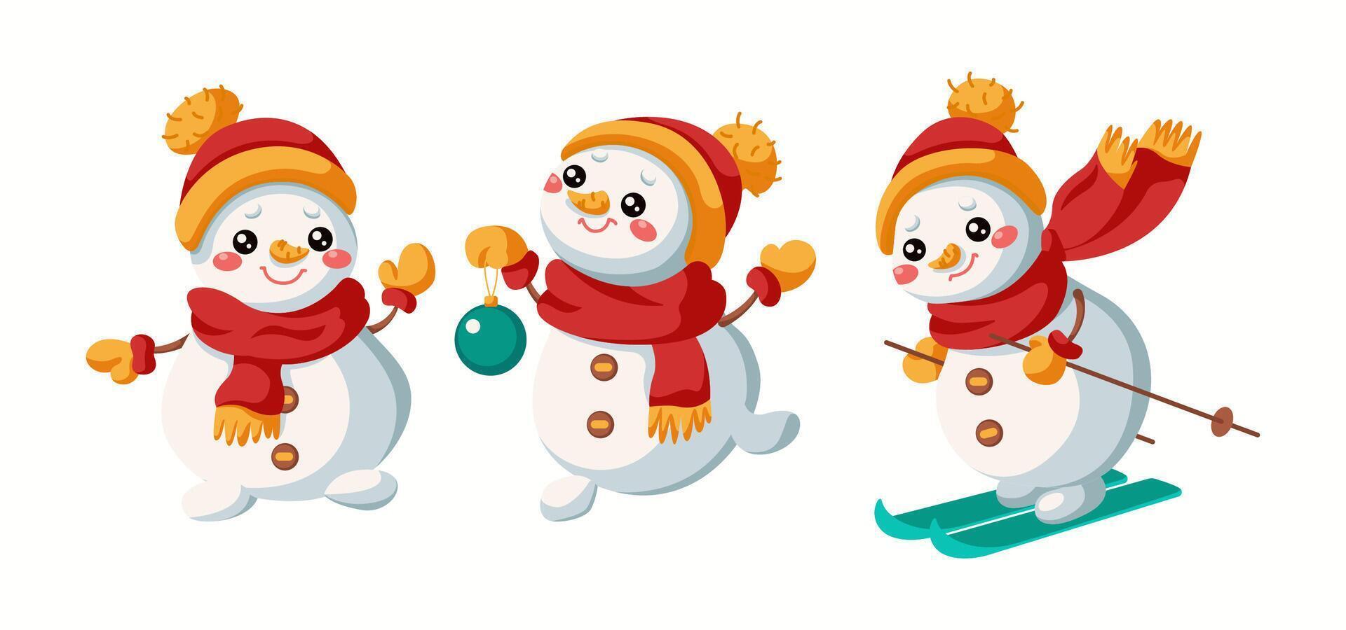 Funny snowmen in scarfs holding bauble and skiing flat color icon set. Winter season traditional characters pack on white background vector