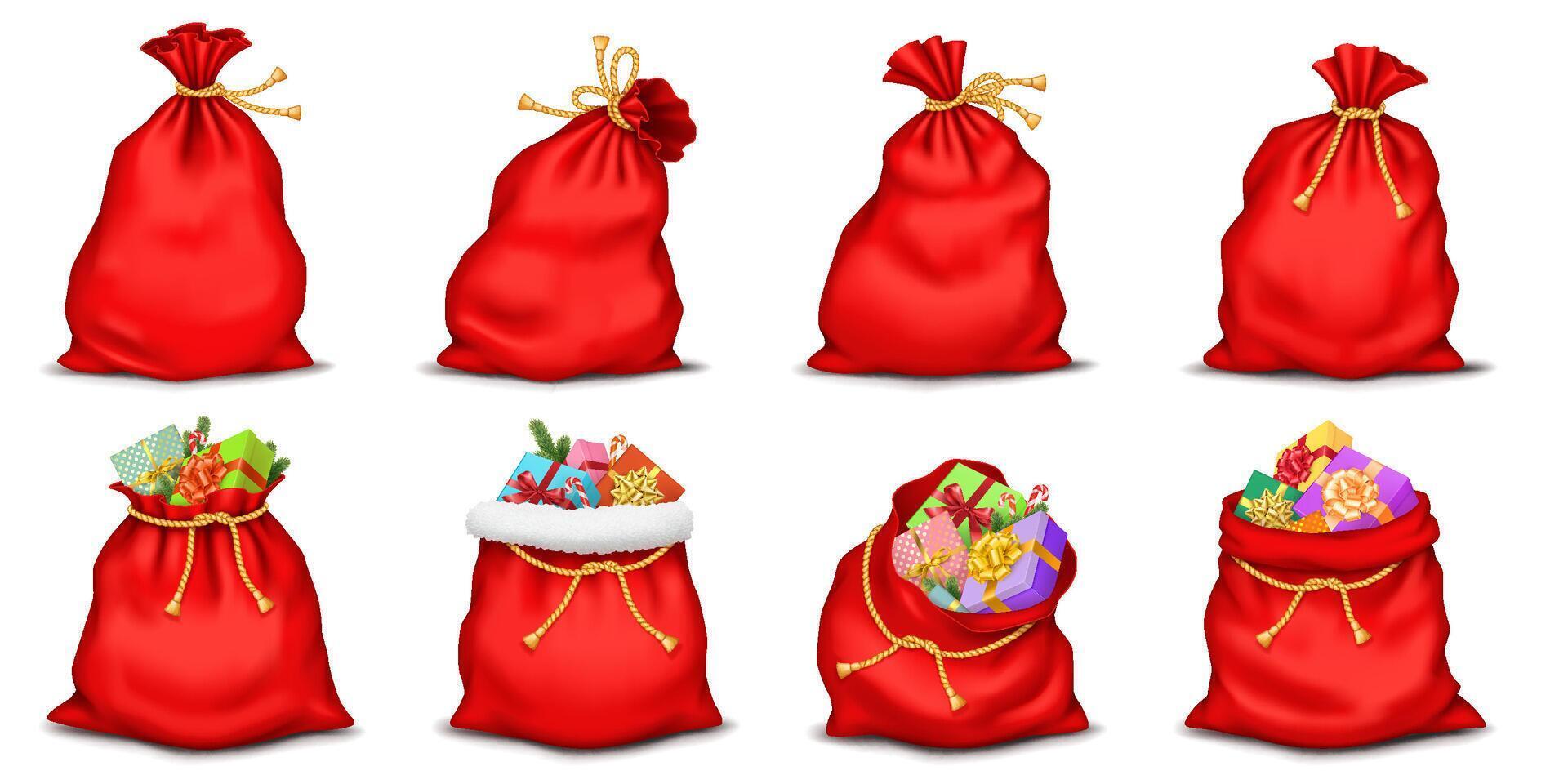 Red Santa Claus bags full of Christmas gifts realistic color icons set. New Year holiday magic atmosphere 3d objects bundle on white vector