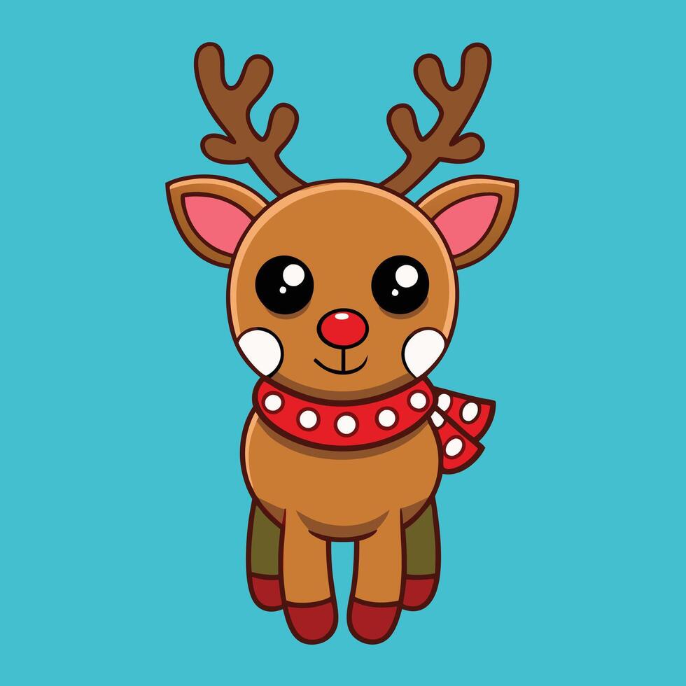 cartoon reindeer with red nose and scarf on blue background vector