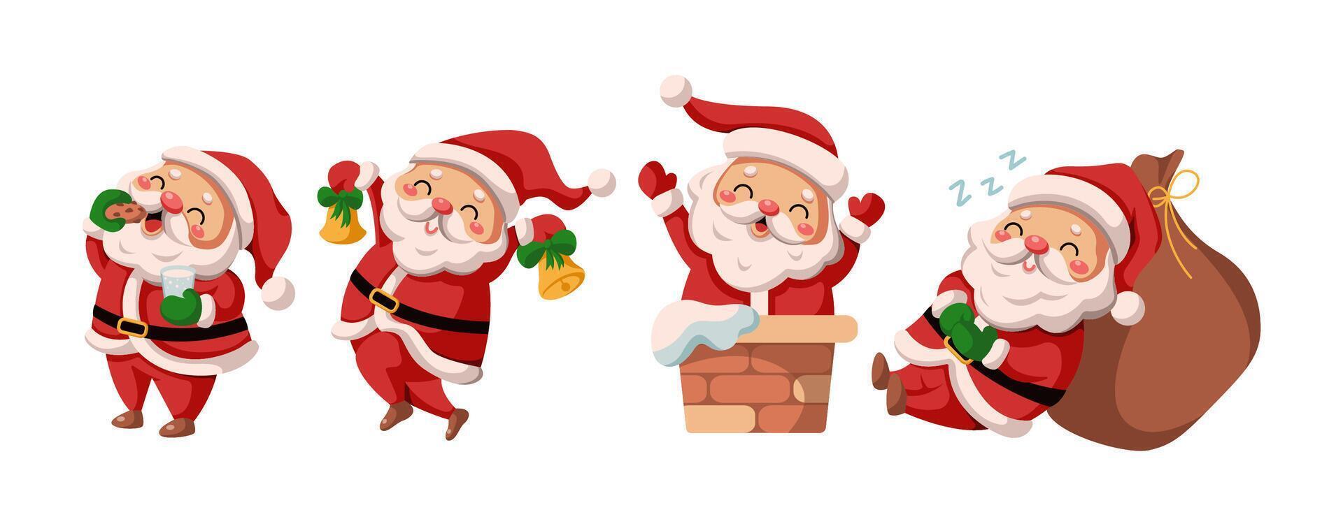 Joyful Santa Clauses brining happiness flat color icon set. Christmas holiday traditions characters pack on white background vector
