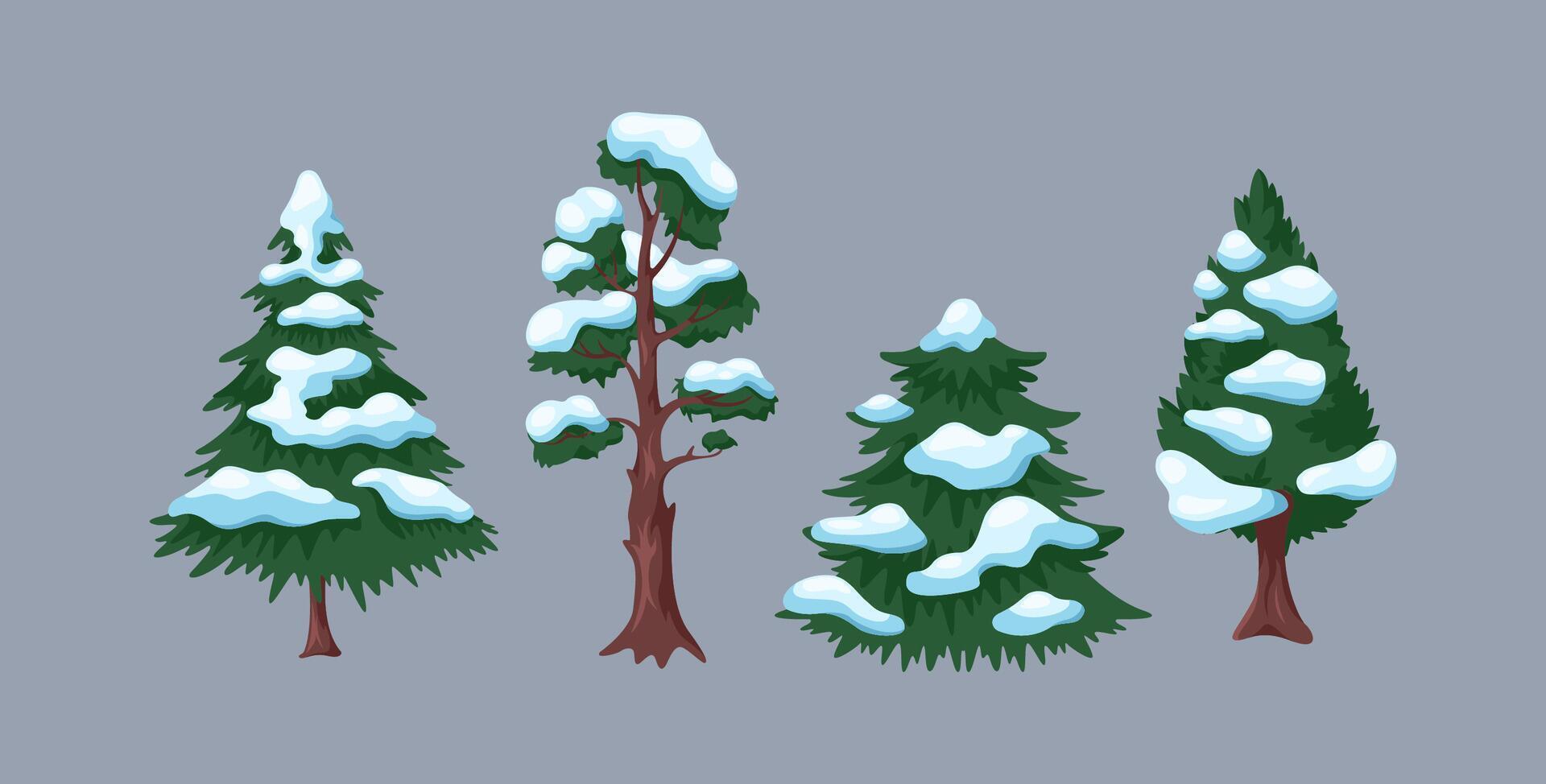 Coniferous trees with snow on branches flat color objects set. Winter nature of pine forest illustrations bundle on grey background vector