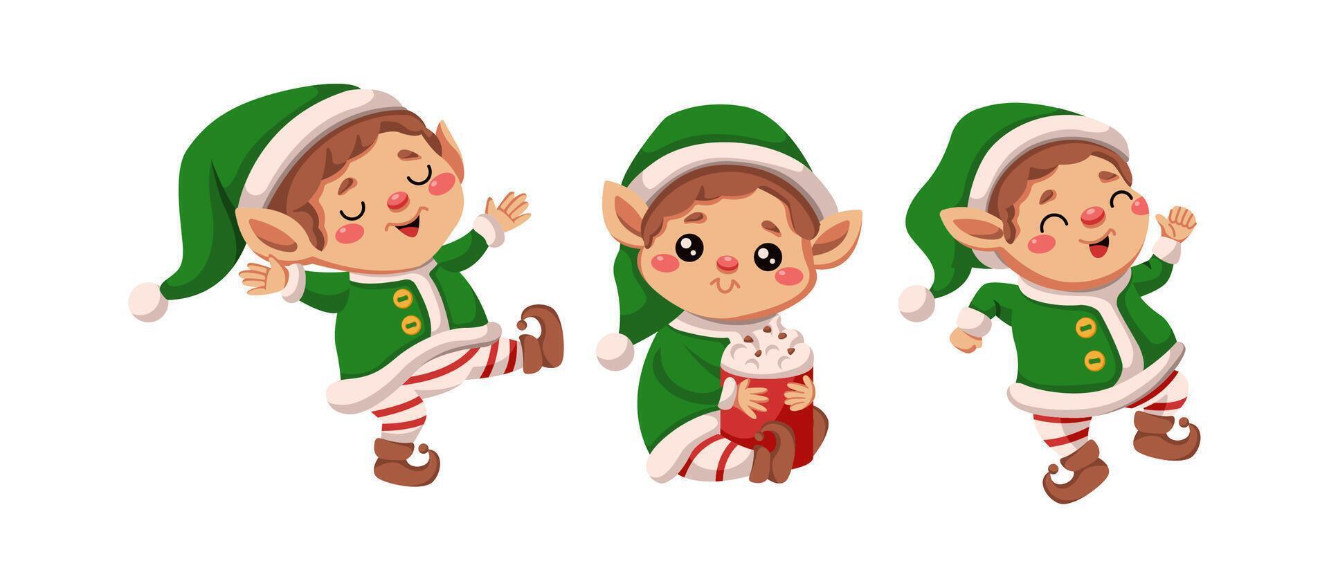 Happy Santa elves dancing and drinking cocoa flat color icon set. Fairy tale Christmas season atmosphere characters pack on white vector