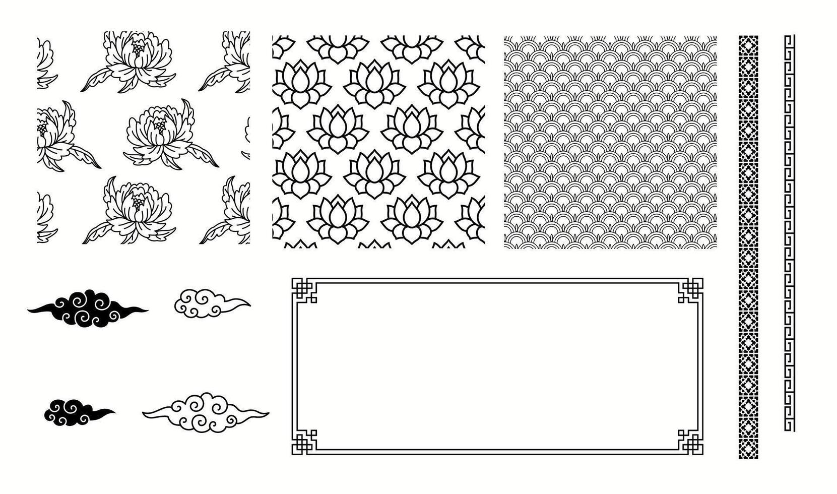 Traditional Asian patterns borders and frame linear illustration collection. Chinese culture decorative details objects set on white background vector