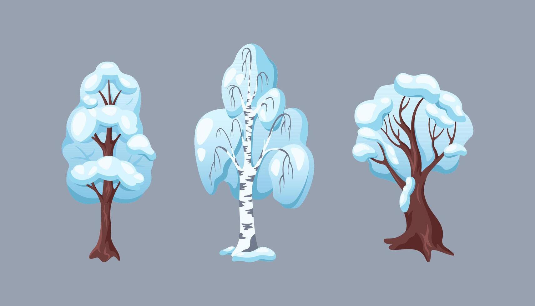 Forest trees covered with snow flat color objects set. Winter season weather and nature in woods illustrations bundle on grey background vector