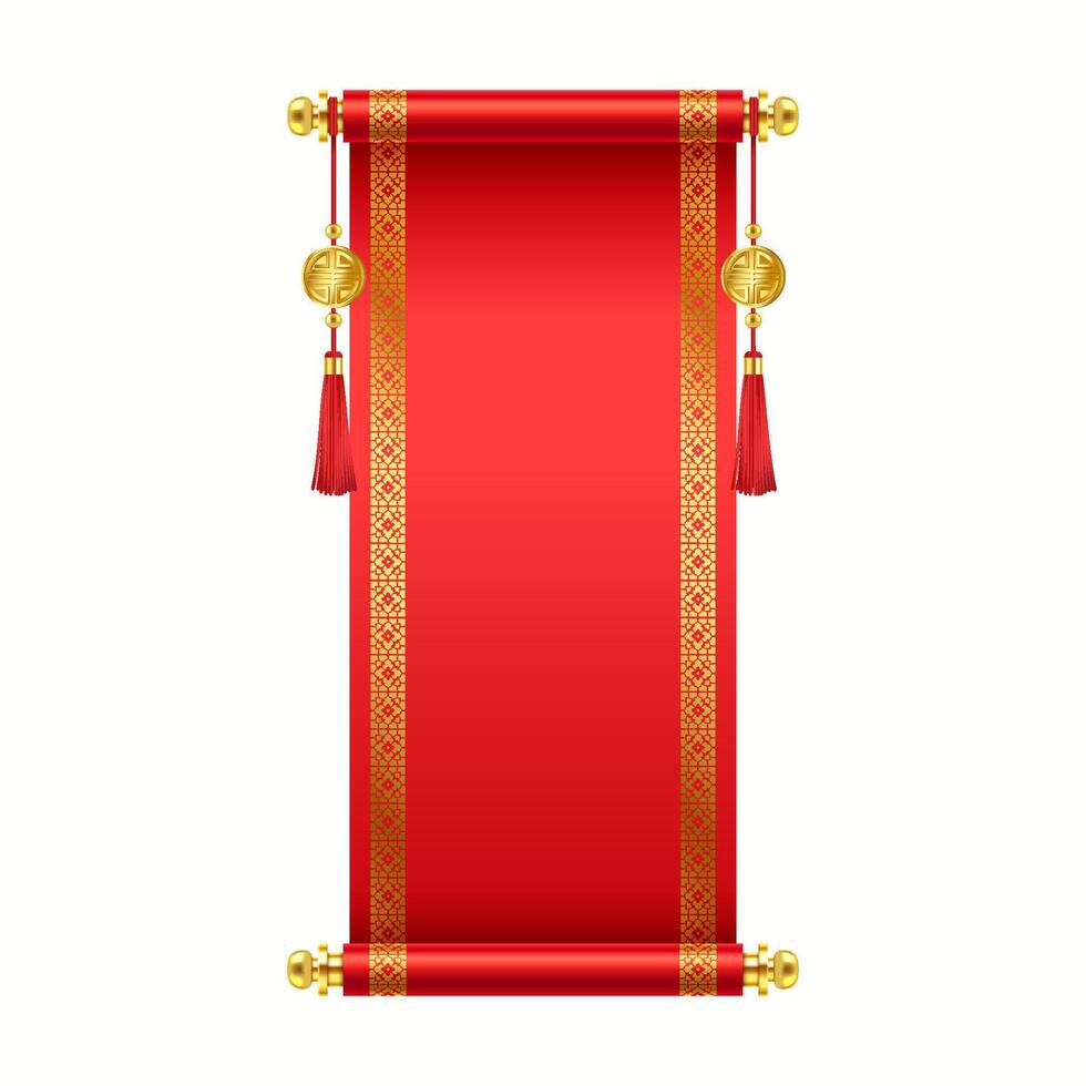 Luxury vintage Chinese scroll with copy space realistic illustration. Blank oriental New Year good luck symbol 3d object on white vector
