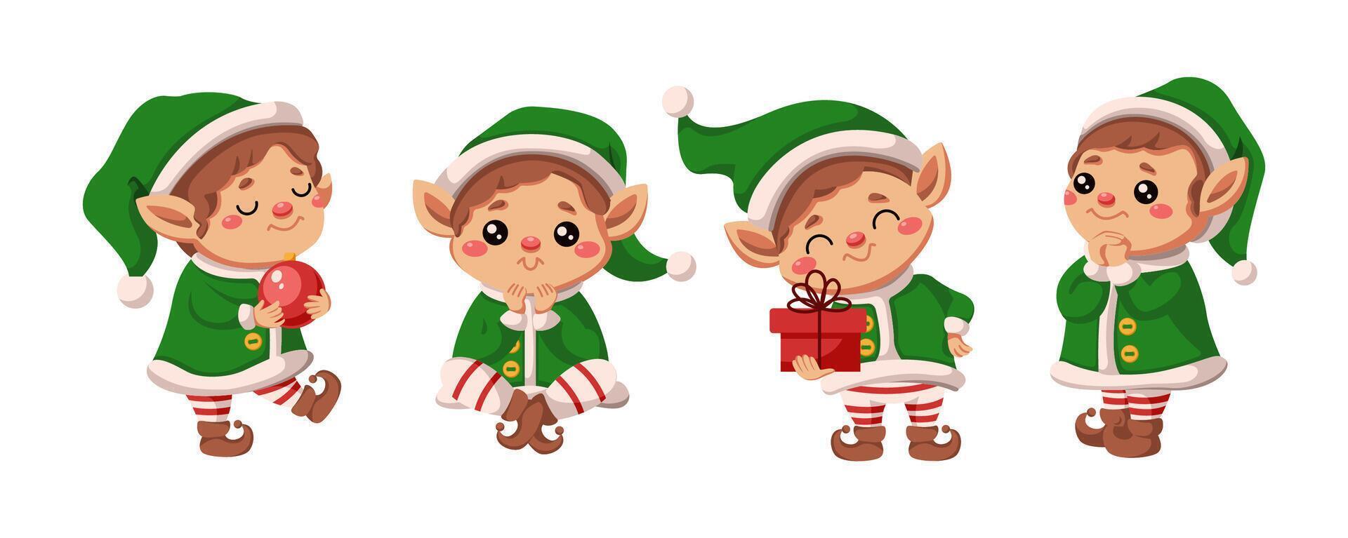 Adorable Christmas elves in green suits flat color icon set. Winter holiday season traditional characters pack on white background vector