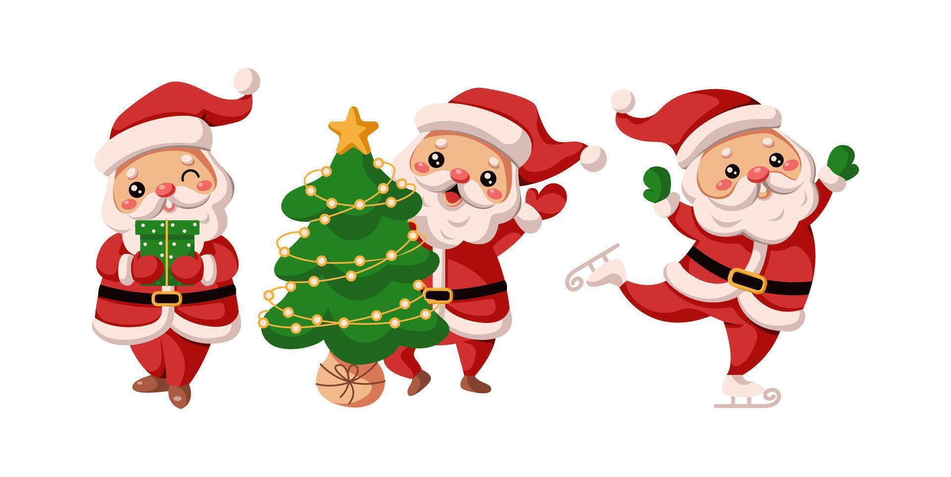 Happy Santa Clauses holiday mood flat color icon set. Christmas with gift decorated tree and ice skating characters pack on white vector