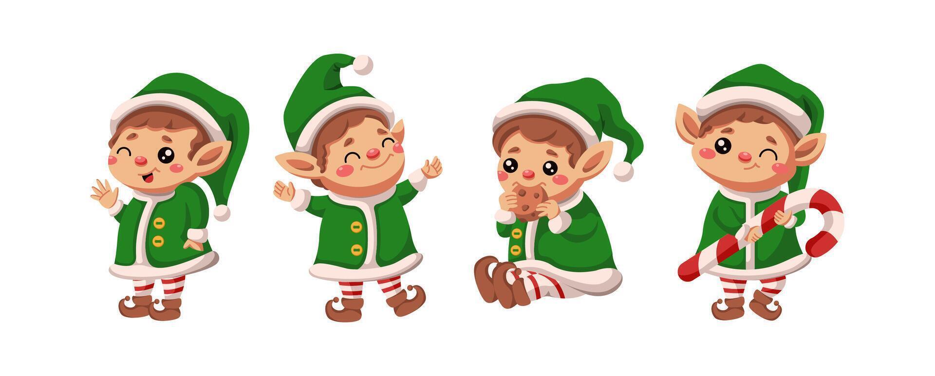 Playful Christmas elves different activities flat color icon set. New year festive atmosphere characters pack on white background vector