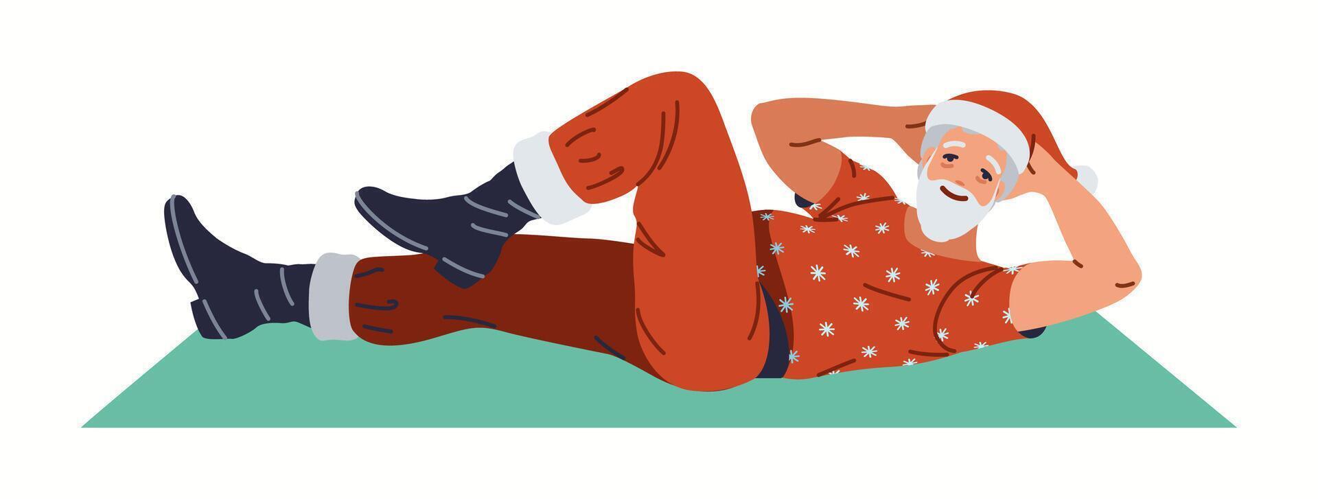 Happy Santa doing crunches exercises on mat flat color character. Grandpa at fitness training for Christmas season illustration on white vector