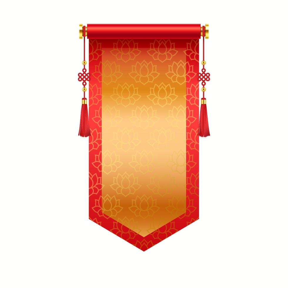 Festive Asian pennant with golden frame and lotuses realistic illustration. Ancient Chinese scroll for New Year 3d object on white vector