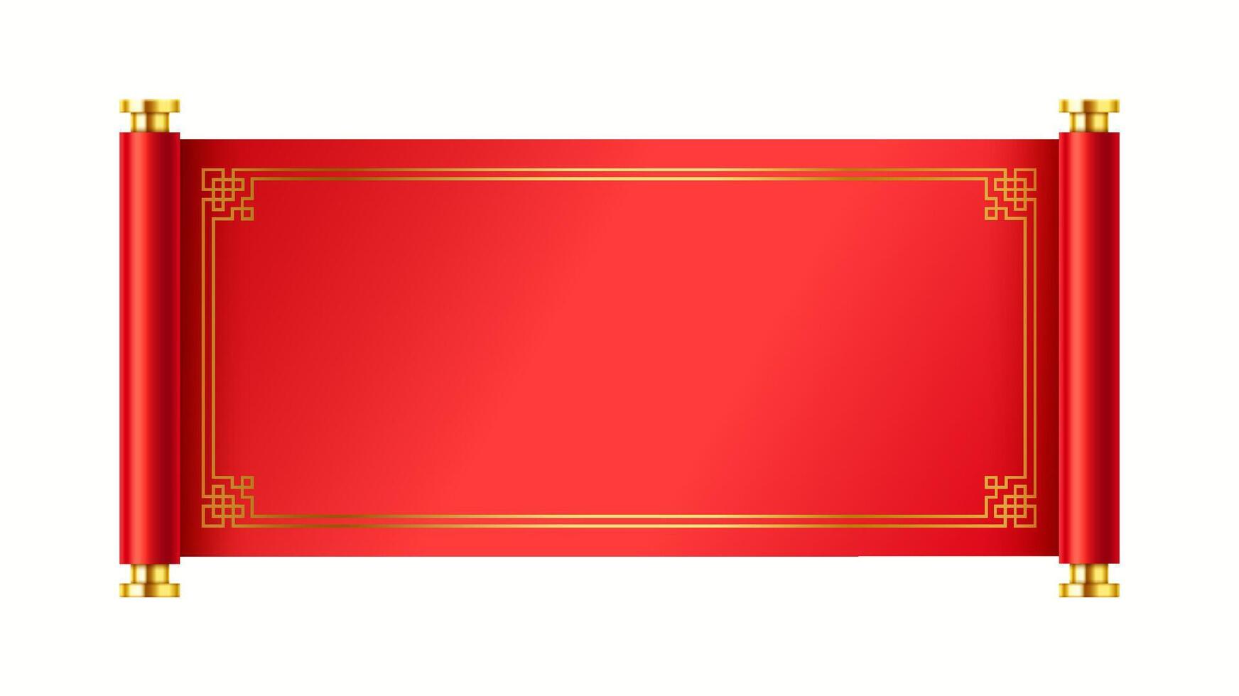 Ancient mockup Chinese scroll for New Year realistic illustration. Red Asian holiday manuscript with golden frame 3d object on white vector