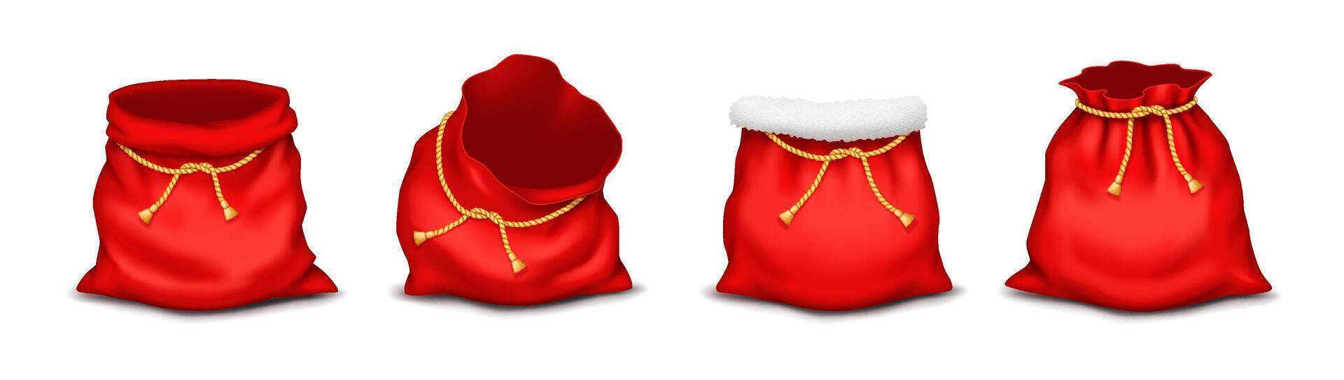 Red Christmas bags with golden ropes realistic color icons set. Santa Claus sacks for children gifts and sweets 3d objects bundle on white vector