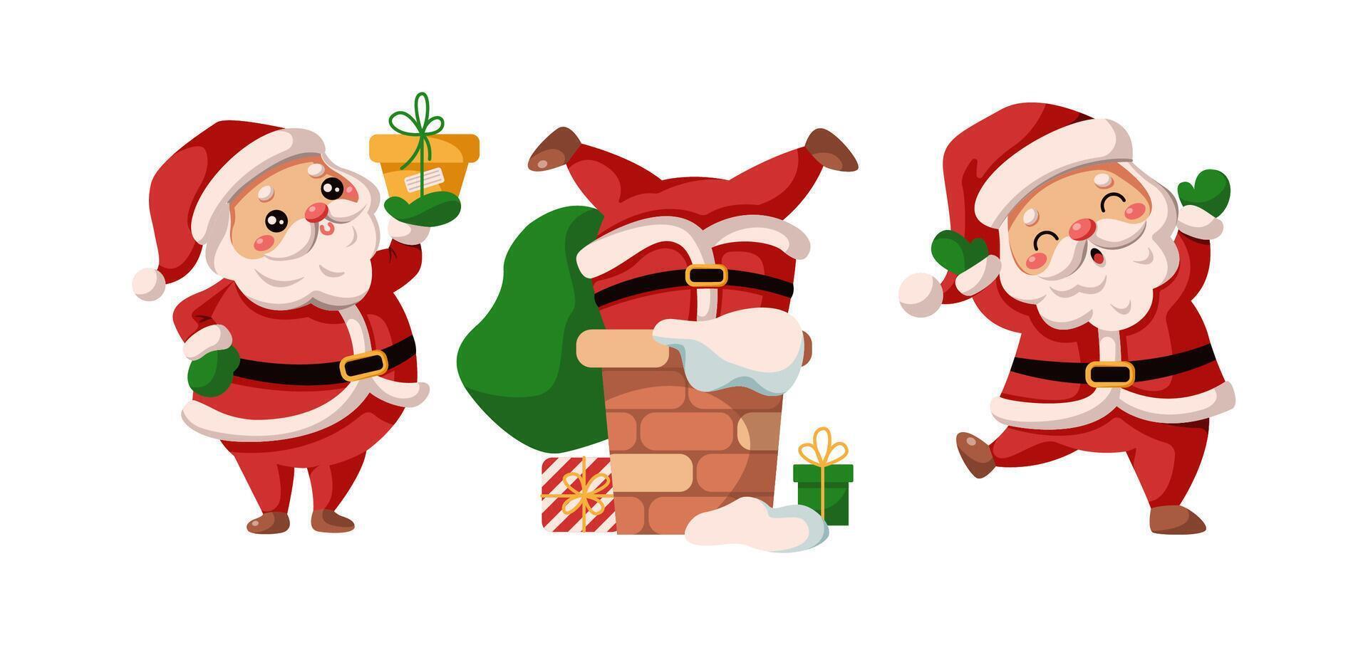 Cute Santa Clauses in funny situations flat color icon set. Christmas characters dancing stuck in chimney with gift pack on white vector