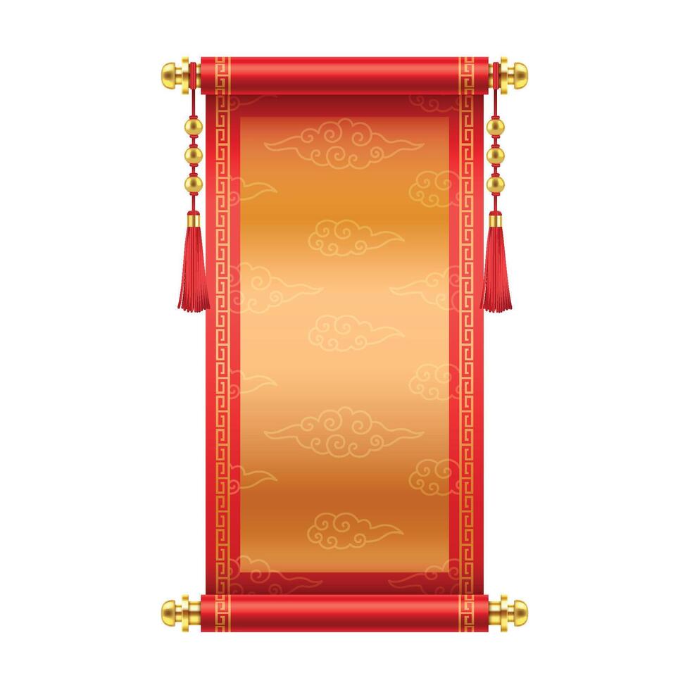 Chinese New Year scroll with gold and clouds pattern realistic illustration. Asian manuscript with copy space 3d object on white vector