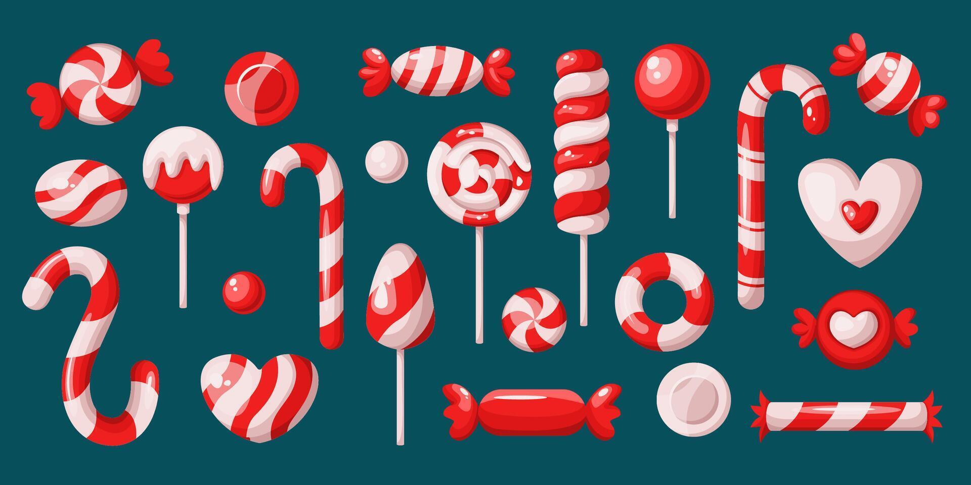 Traditional striped Christmas candies flat color objects set. Tasty sugar treats for children illustrations bundle on green background vector