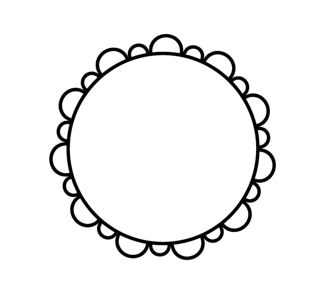 Scalloped edge circle frame. Round scalloped border. Fabric lace pattern frame. Repeat cute vintage frill ornament. Texture ribbon. illustration isolated on white background. vector