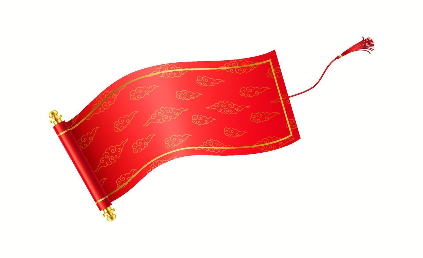 Red Chinese hand-scroll with tassel flattering realistic illustration. Holiday Asian manuscript wishing good luck 3d object on white vector