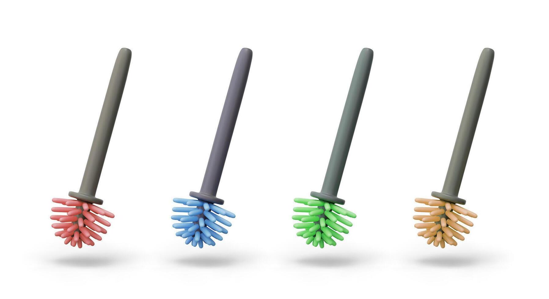 Collection of toilet brushes in different colors. Decorative elements for cleaning service vector